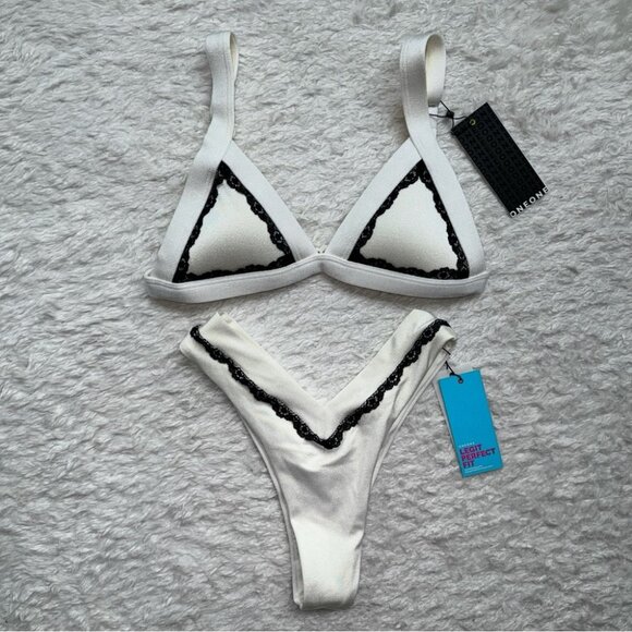 NWT OneOne Swimwear Bikini Set Holbox Cream Pearl Black Lace Jesse Kameron NEW - Picture 2 of 4